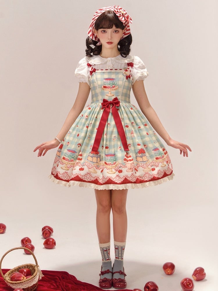Mint Green Gingham Pattern Cherry and Dessert Sweet Lolita Jumper Skirt