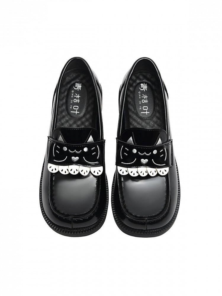 Women's Low Heel Mary Jane School Shoes with Cat Embroidery