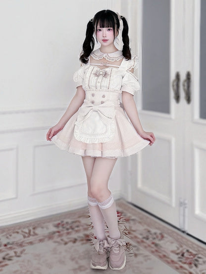 Maid Style Pink & White Landmine Cutout Shoulder Short Sleeve Top with Detachable Apron Skirt - Shi Zhai Xin