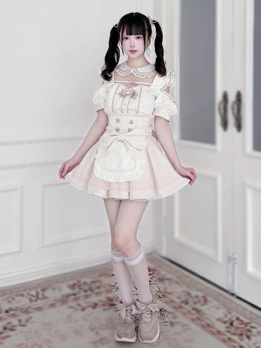 Maid Style Pink & White Landmine Cutout Shoulder Short Sleeve Top with Detachable Apron Skirt - Shi Zhai Xin