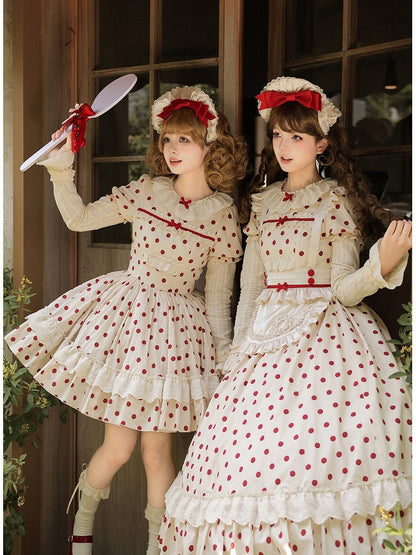 Long Beige and Red Polka Dot Puff-Sleeve Faux Layered Lolita OP Set with Apron - With PUJI