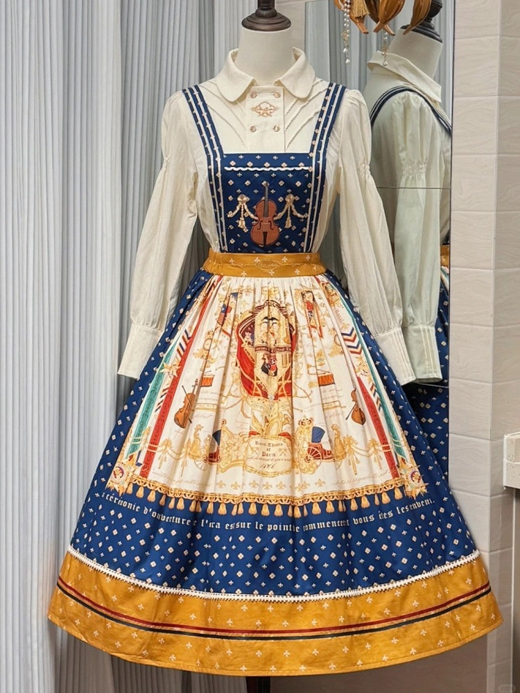 Dark Blue Musical Print Overall Dress with Detachable Straps - Crucis Universal Tailor Company