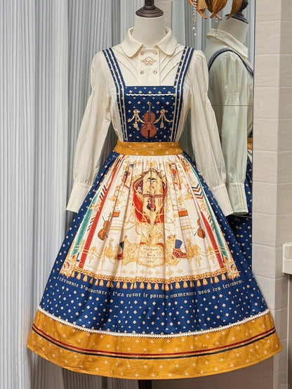 Dark Blue Musical Print Overall Dress with Detachable Straps - Crucis Universal Tailor Company