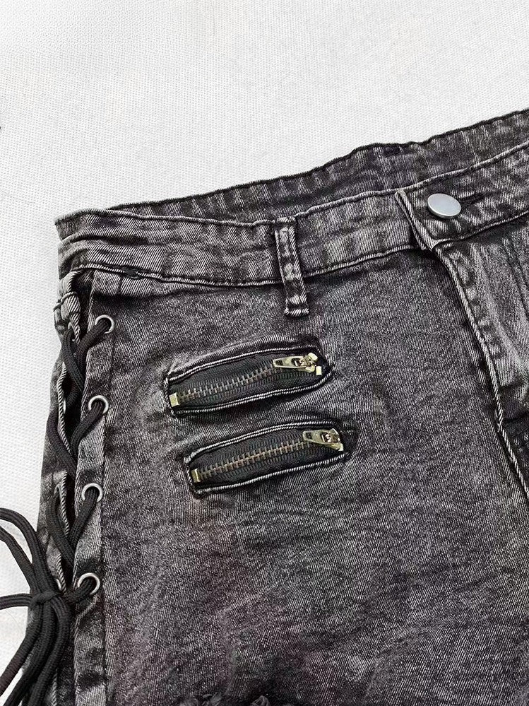 Glamorous – Schwarze Shorts mit Schnürung, Denim, Bittersweet Hem Raw