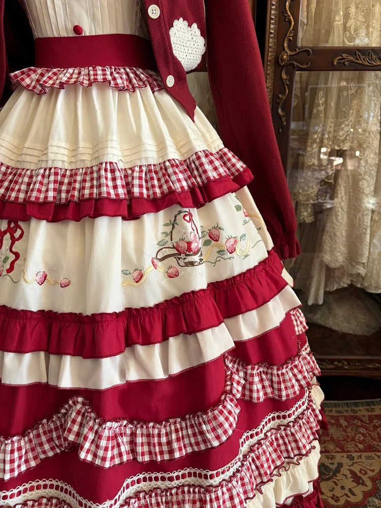 White Strawberry Dress Embroidery Red Ruffles Layered Sweet with Lolita