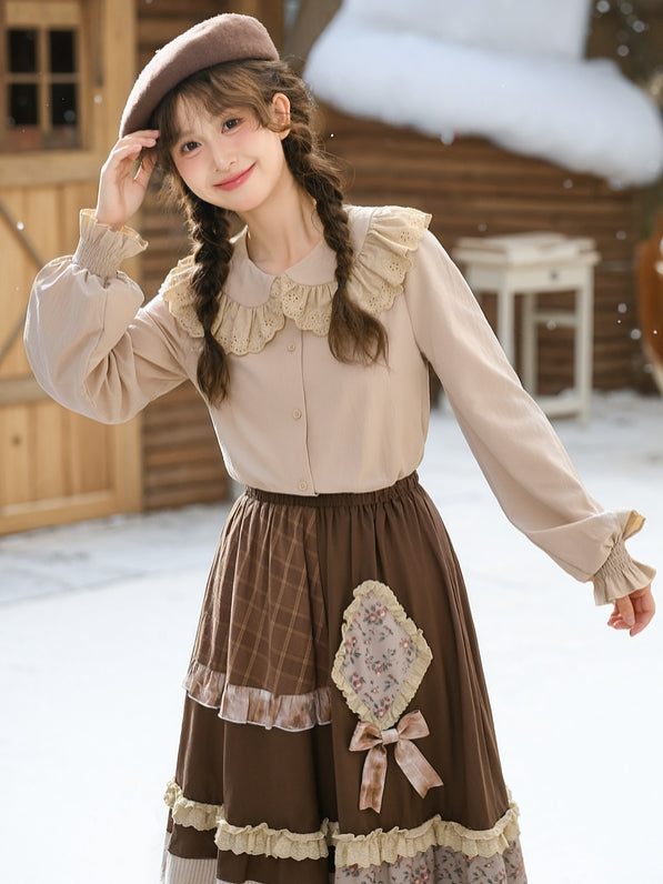 Light Coffee Peter Pan Collar Balloon Sleeves Blouse Lace Trim