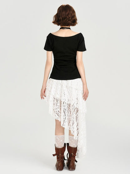Retro Off-the-shoulder Short Sleeve Top with Halter Neckline Design - Girlyhalo