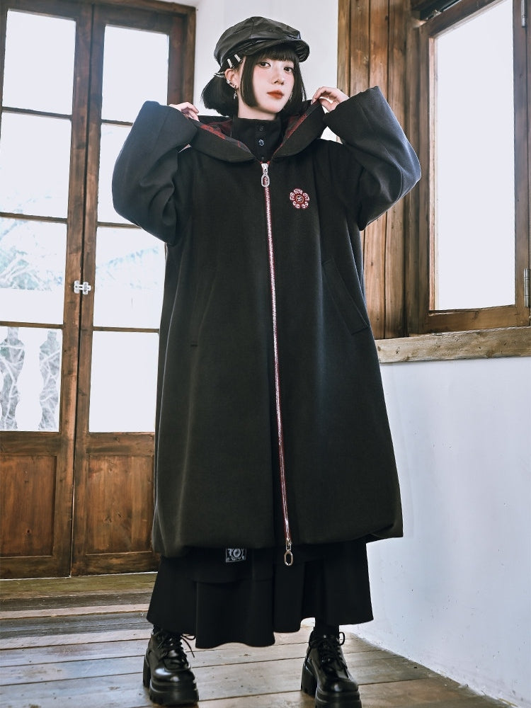 Noir fleuri - avec Imprimé Manteau Gothique à Capuche et Fermeture Éclair sur le Devant, Ourlet Bulle