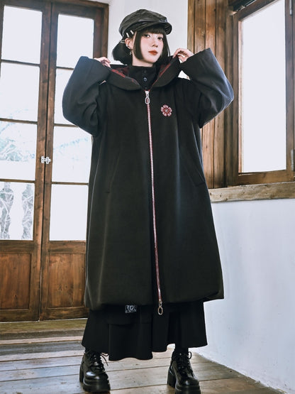 Noir fleuri - avec Imprimé Manteau Gothique à Capuche et Fermeture Éclair sur le Devant, Ourlet Bulle