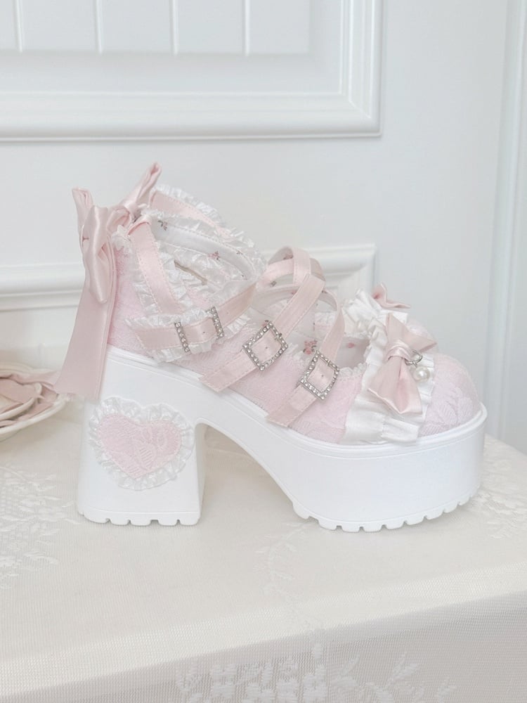 Buckle Ruffles Back Bow Trim Sophisticated Pink with Shoes - Sakura Design Lolita Sparkling Detachable