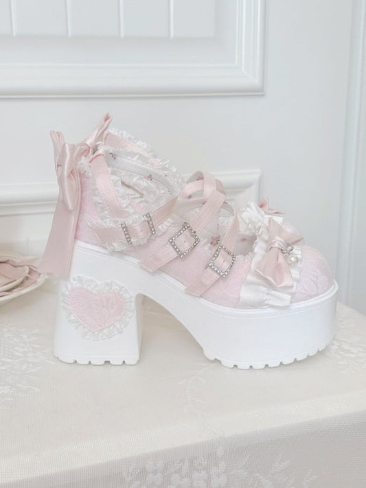 Buckle Ruffles Back Bow Trim Sophisticated Pink with Shoes - Sakura Design Lolita Sparkling Detachable