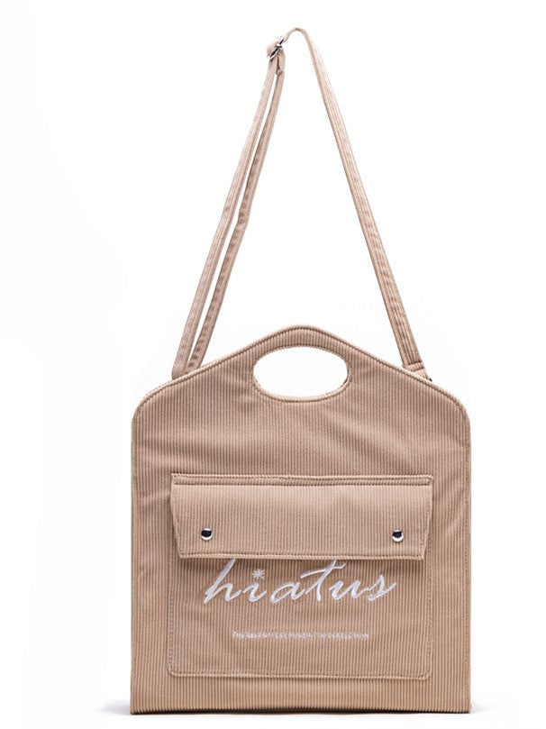  Lightweight With Embroidered Lettering Capacity Brown Corduroy Tote Bag: Large
