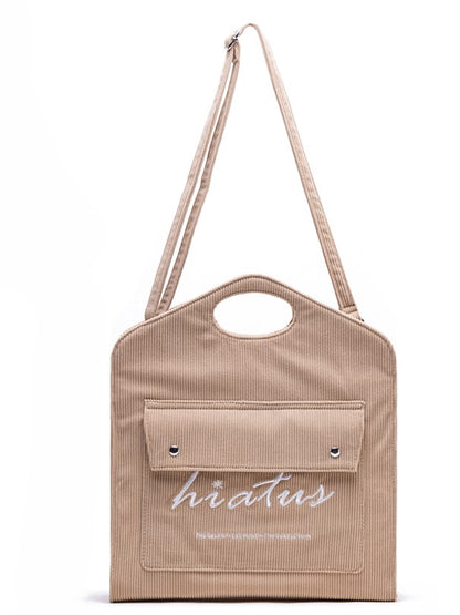  Lightweight With Embroidered Lettering Capacity Brown Corduroy Tote Bag: Large