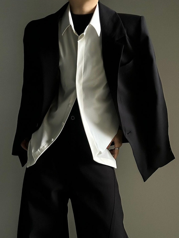 Black Collar with Notched Front Button Blazer - Ouji