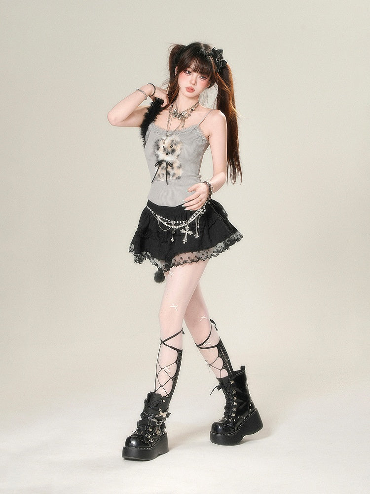 Ruffle Neckline Black/Gray Glamorous Plush Cami Top Leopard Animal