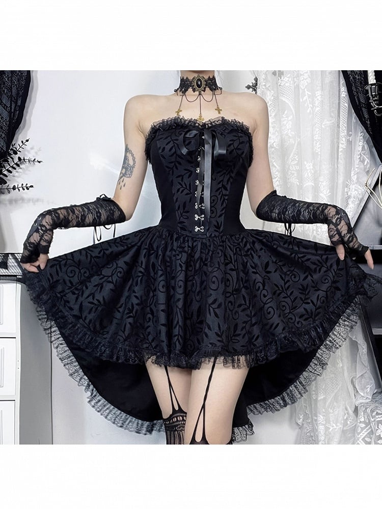 High-Low Halloween Front Gothic Hem Hook Dress with Metal Strapless Black