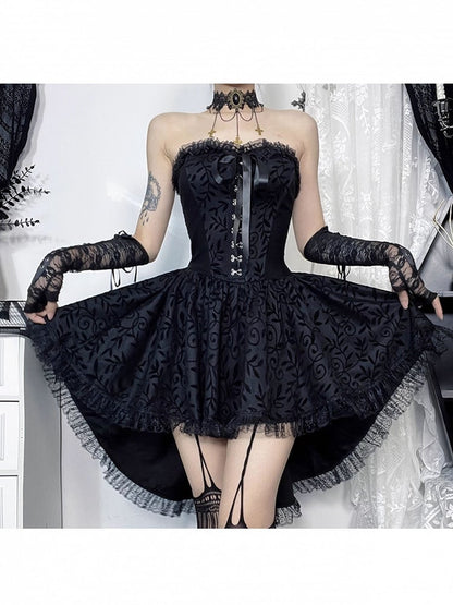 High-Low Halloween Front Gothic Hem Hook Dress with Metal Strapless Black