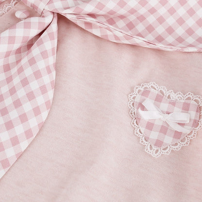Pink Gingham Puff Sleeve Top with Tie Collar - serendipity