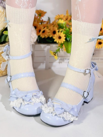 Süße Schnalle mit Schleife Schuhe Janes - Lacework Lolita Details Blue Heart Mary