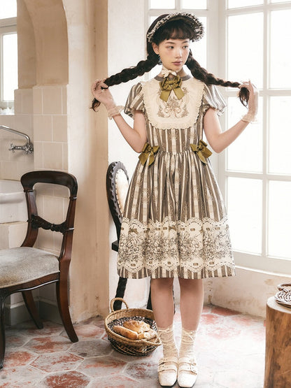 Version Lolita Embroidery Bodice Floral Pattern One and Brown Bowknot Short Striped Piece Classic