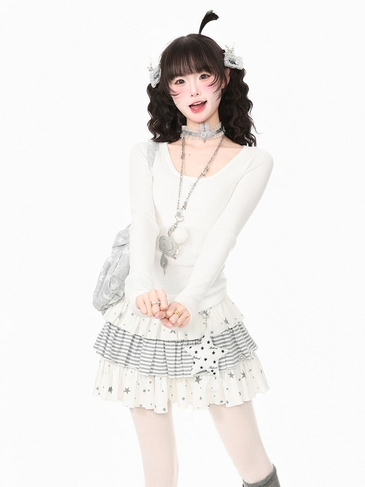 White Kawaii Fall Two Piece Cape Music Note Star Print Top - Languid Park