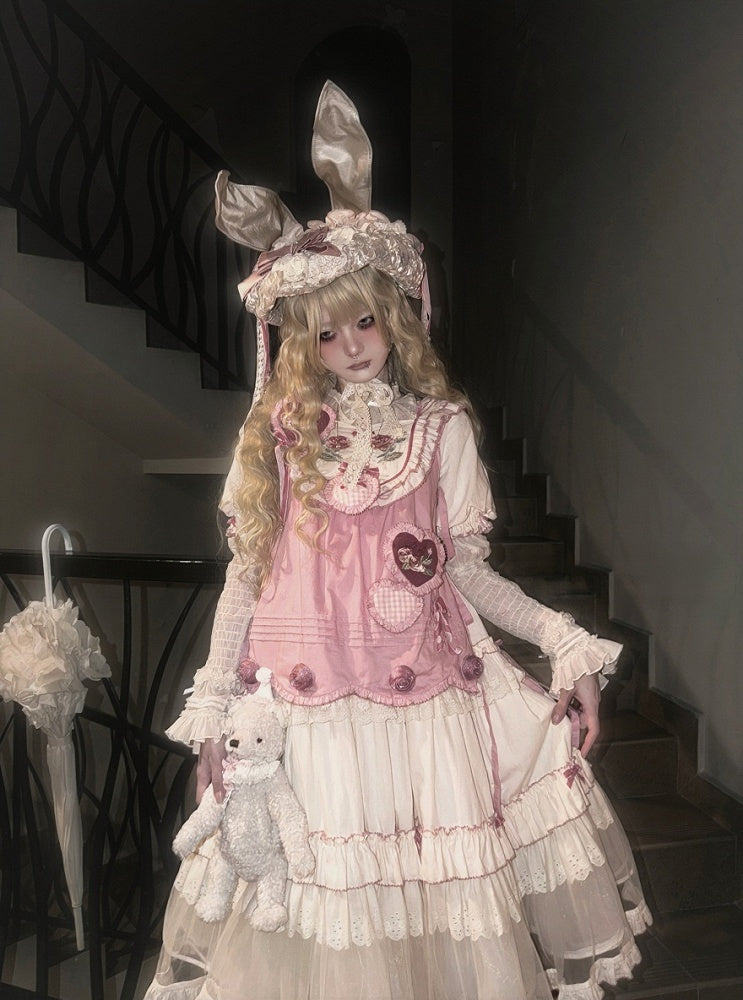 Rose Rosette Embroidered Sweet Lolita Bunny Ear Hooded Overdress with Heart Patches - Bodhi Original Design