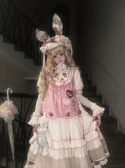 Rose Rosette Embroidered Sweet Lolita Bunny Ear Hooded Overdress with Heart Patches - Bodhi Original Design
