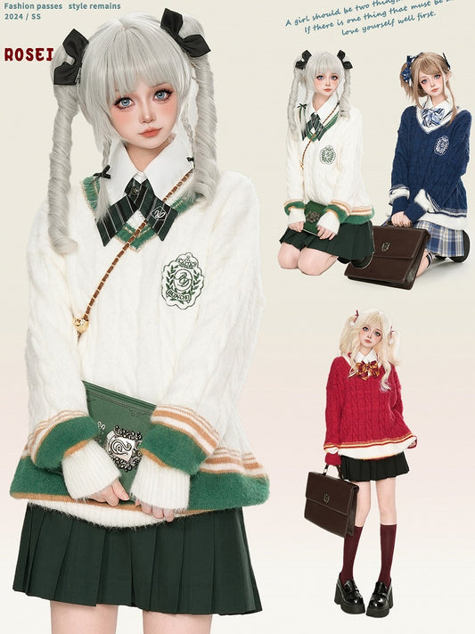 レッド/ブルー/ホワイト Vネック プレッピースタイル ルーズセーター