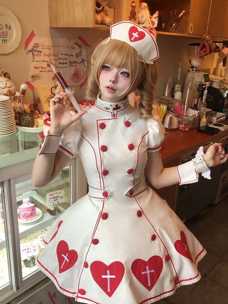 Krankenschwester Weiß Puff Rot Patches Ärmel Herz Lolita Cross Kleid