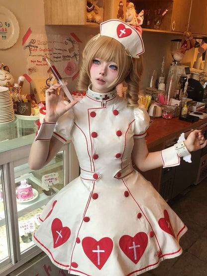 Krankenschwester Weiß Puff Rot Patches Ärmel Herz Lolita Cross Kleid