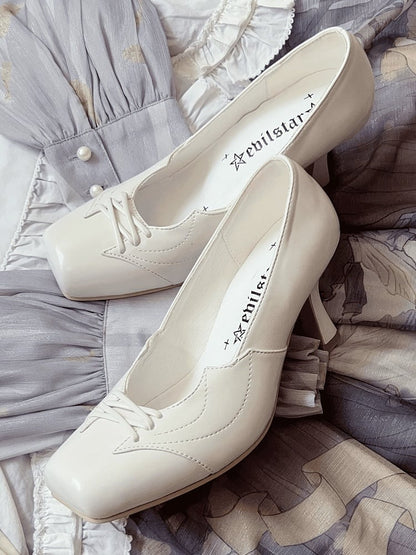 Crisscross Square Toe with Bat High White Heels Details Gothic Leather PU Design