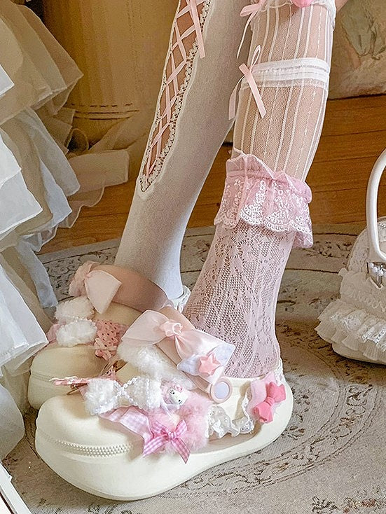 Lolita Sweet Bow with Platform Crocs-style Clogs Ruffle - Decor Version Beige Trim Regular/Thicken