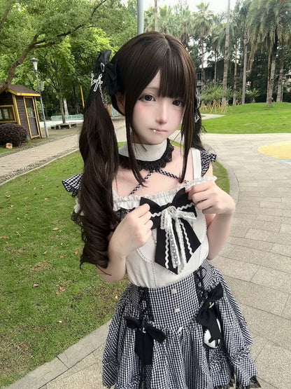 High-Waist Black Cutout Cross with Top Jirai / Plaid Kei Alt-Moe Halter Skirt Shoulder