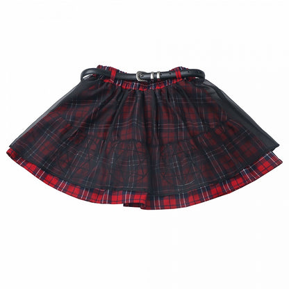 バックル付きスカート メッシュオーバーレイ レッドチェック柄ベルト ヘキサグラム刺繍アイドル