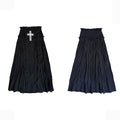 Gothic Black Ruched Maxi Skirt with Lace Cross Embellishment - Damn Girl