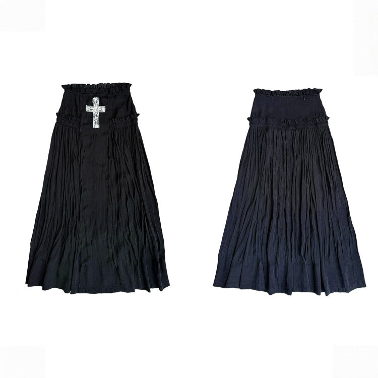Gothic Black Ruched Maxi Skirt with Lace Cross Embellishment - Damn Girl