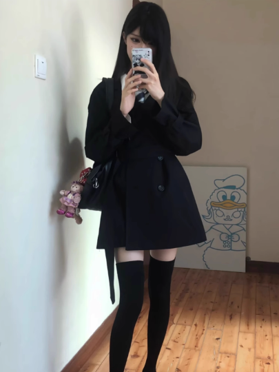 Taille JK Mantel Gürtel Uniform Graben Schwarz/Khaki Mit