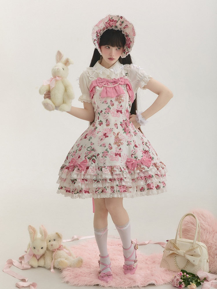 Sweet Teddy White Bear Pink Trim Print Accents Lolita Dress Bow Floral with Lace and
