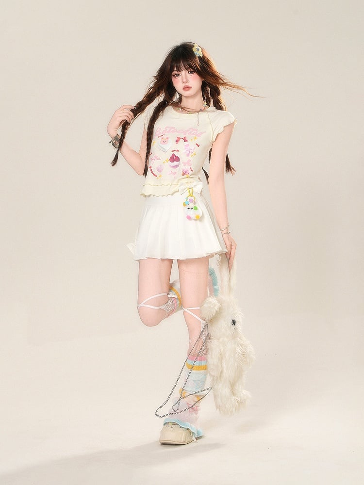 Rock mit Akzenten Charm JK Uniform Weiß Hohe freie Taille Bowknot