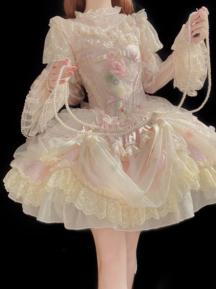 Prinzessin Blumenkleid mit Knochen, rosa Pullover, Taille, Fee, Lolita, Korsettrock, Hanayome