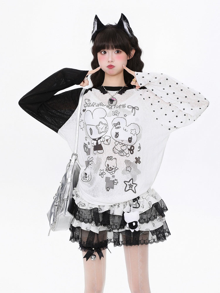 BlackWhite/PinkBlue Bunny  Kitten Print Long Sleeve Top - Daily Kawaii Colorblock Design