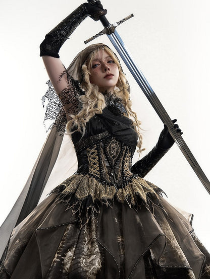 Brown & Gold Bone Dragon Embroidery Halter Neck Gothic Lolita Dress Set - Ying Luo Fu