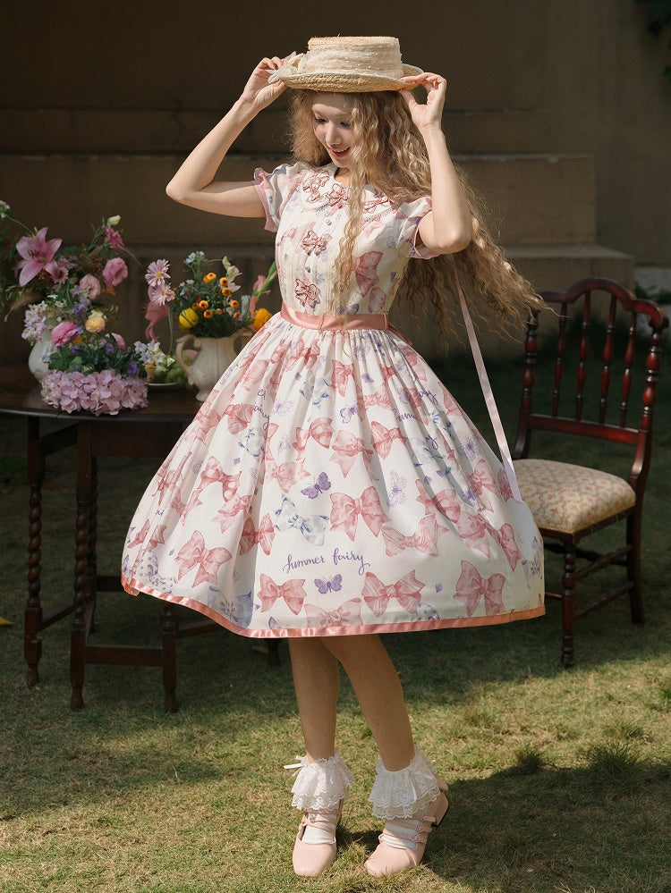 Pink Bowknot Peter Pan Collar Lolita Dress Bows and Butterfly Print One Piece