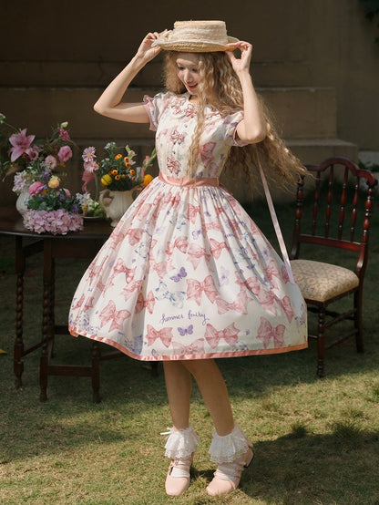 Pink Bowknot Peter Pan Collar Lolita Dress Bows and Butterfly Print One Piece