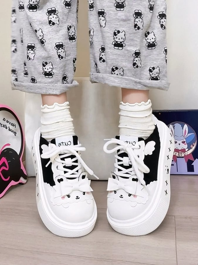 Decor  Cute with Shoes Black Canvas White Themed Bow Bunny