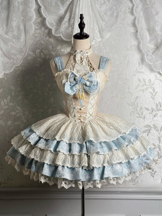 バスクブルー取り外し可能なロリータネックQiホルタードレスウエストティアードスカート