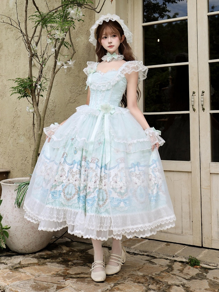 Mint Green Lily Print Lolita JSK Gown with Tulle Overlay and Back Bow Set - White Sugar Girl
