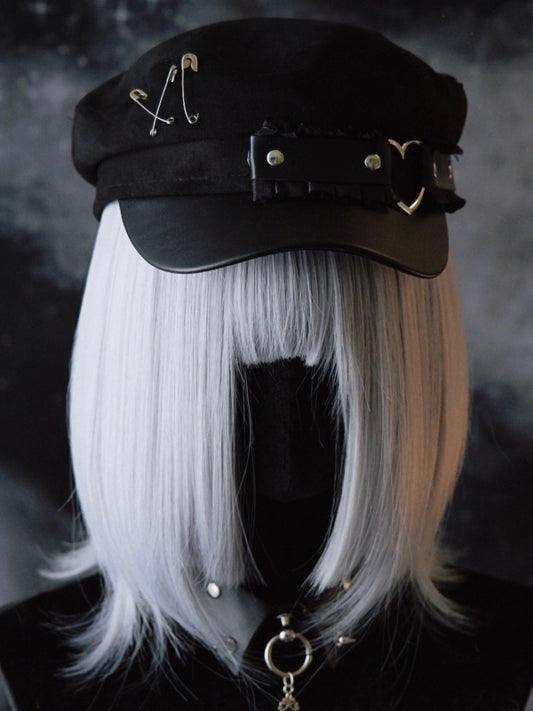 Beret Black Trim Gothic Hat Ruffled Pin Decorated