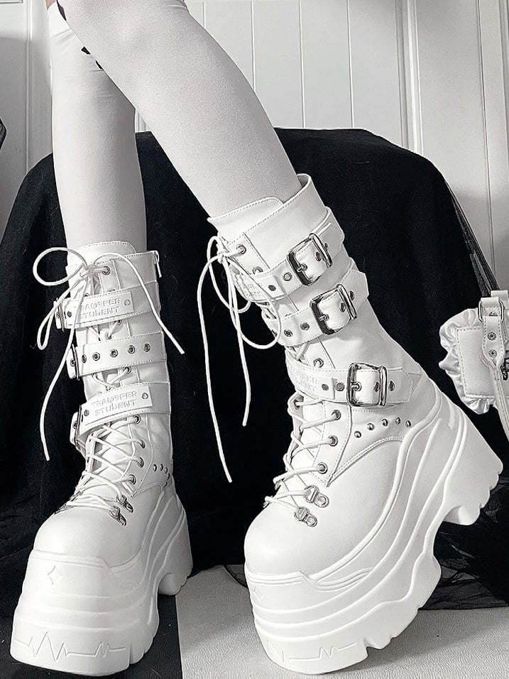 White in Boots System Kei Jirai Studs PU Platform Triple Details Fastening