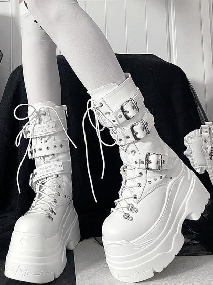 White in Boots System Kei Jirai Studs PU Platform Triple Details Fastening